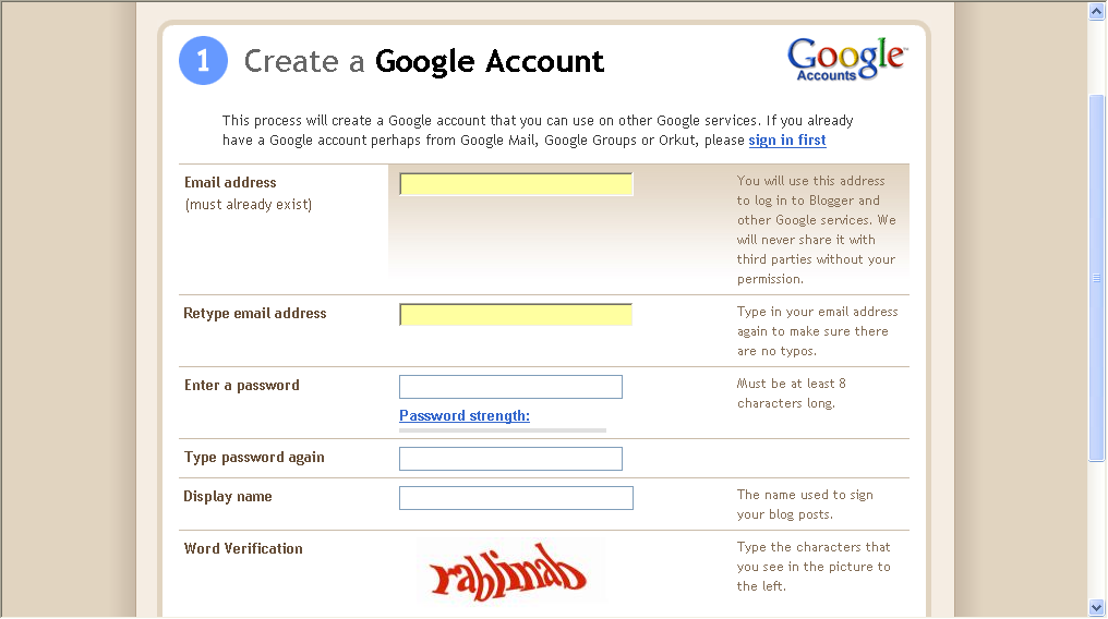 Create Google account for your blog